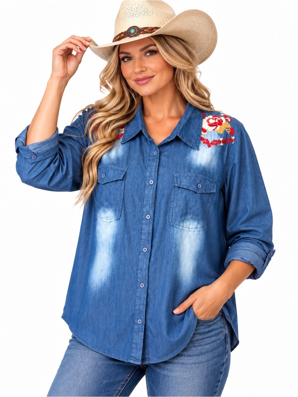 Andree by Unit Embroidered Chambray Denim Tunic Shirt Boho Western L